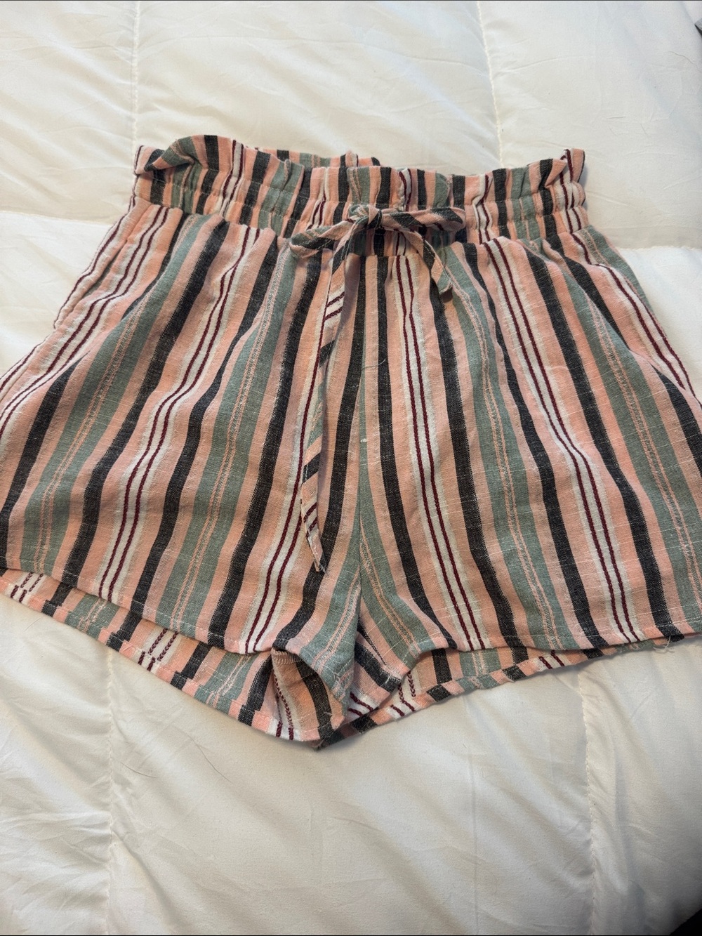 SHEIN Pink, Green and Black Striped High Waist Drawstring Shorts